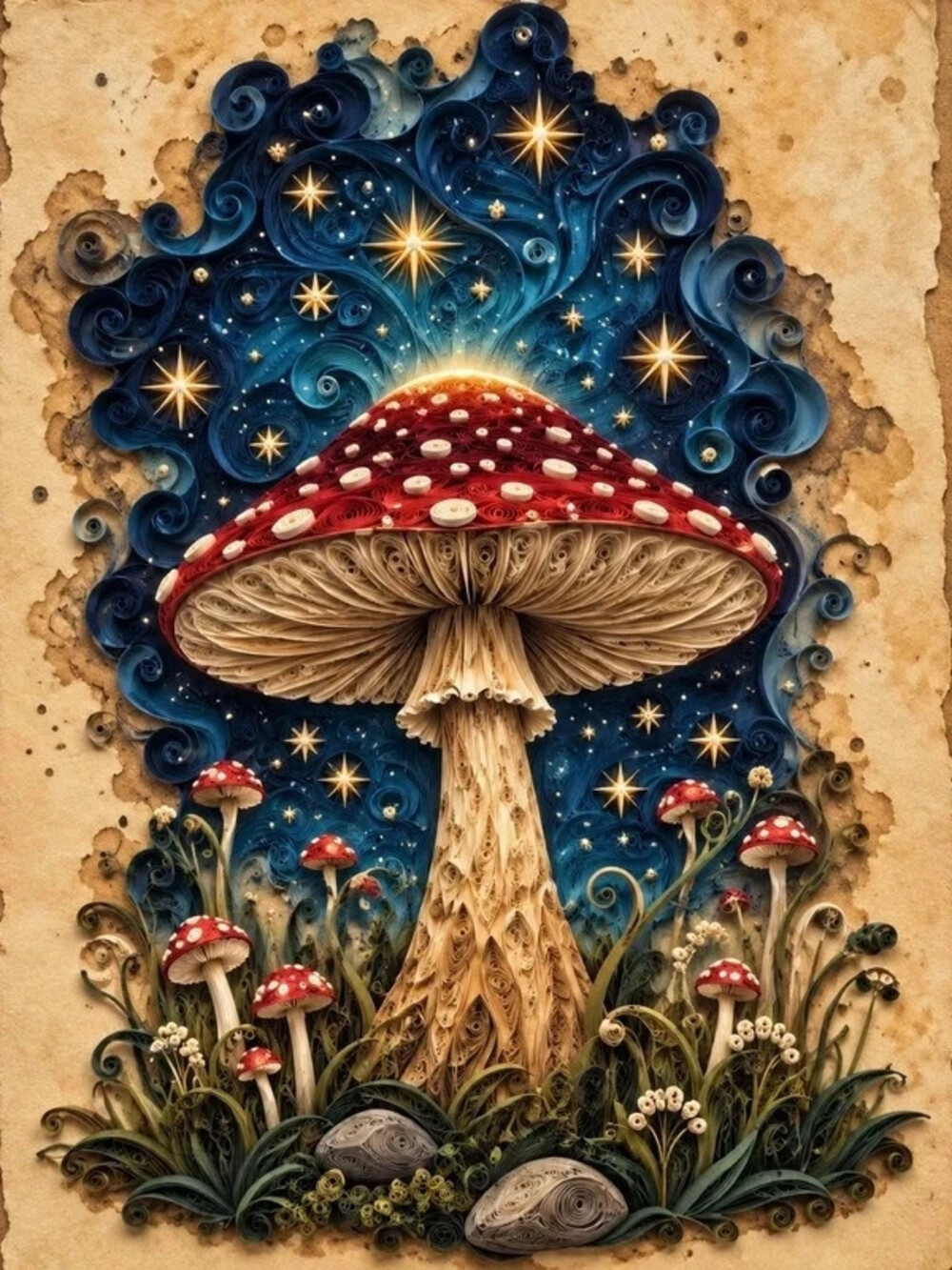 5x7 Framed Magical Mushroom Starry Night Art